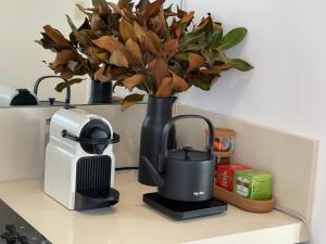 un vase noir avec une plante sur un comptoir dans l'établissement River Retreat, à Grays Point