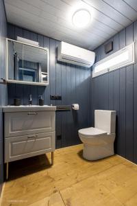 een badkamer met een toilet, een wastafel en een spiegel bij Houseboat - best place in Prague in Praag
