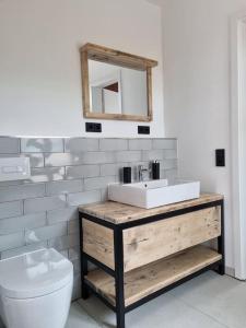 uma casa de banho com um lavatório e um WC em Komfortables Apartment im Industrial Chic em Dresden