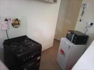a small kitchen with a stove and a refrigerator at Lux Suites Narok Holiday Homes in Narok