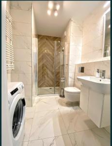 W łazience znajduje się pralka i umywalka. w obiekcie Apartamenty Fuzja - Komfortowe Mieszkania Blisko Centrum Łodzi w Łodzi