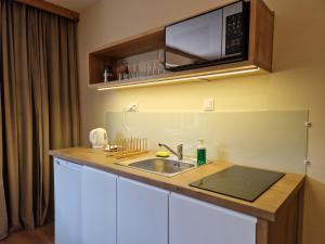 uma cozinha com um lavatório e um micro-ondas em 1 Maja 40A em Szczytno