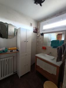 W łazience znajduje się umywalka i lustro. w obiekcie Charmant 3 pièces 10 min de Lyon w mieście Villeurbanne