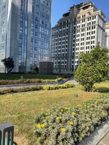 a park with yellow flowers in front of tall buildings at Brand & Luxurious Suite near- Mall of Istanbul in Istanbul