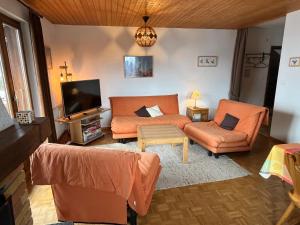 sala de estar con muebles de color naranja y TV de pantalla plana. en Les RHODOS 3, en Les Crosets