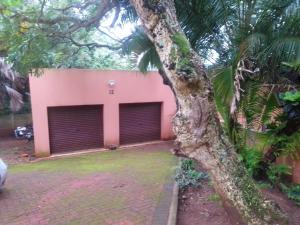 a pink house with two garage doors and a palm tree at Marina Beach Guest house in Southbroom