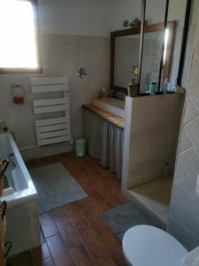 a bathroom with a tub and a sink and a mirror at Villa La Ressourcerie a Saignon in Saignon
