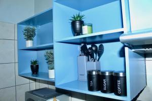 a blue shelf in a bathroom with plants on it at La Cura Stay in Johannesburg