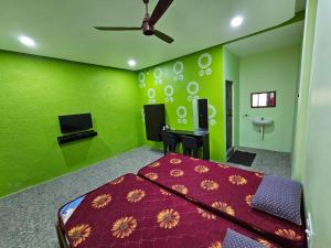 ein Schlafzimmer mit grünen Wänden, einem Bett und einem TV in der Unterkunft New Ananda lodge in Vriddhāchalam