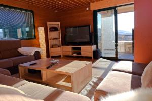 a living room with a couch and a tv at CHALET DE LA COULEE - Chalet de grand standing avec spa offrant une vue sur la vallée in Eyne
