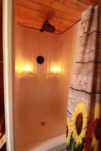 a bathroom with a shower with a sunflower on the wall at Waterfront Tiny House near Pomquet Beach in Antigonish
