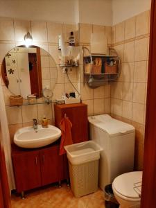 een badkamer met een wastafel, een toilet en een spiegel bij Sunhouse Home in Szombathely