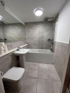 a bathroom with a toilet and a sink and a tub at The Orchard - Ground Floor Flat in Bristol