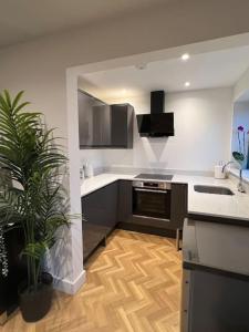 een keuken met witte werkbladen en een potplant bij The Orchard - Ground Floor Flat in Bristol