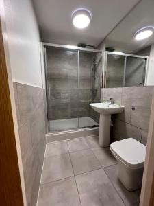 a bathroom with a shower and a toilet and a sink at The Orchard - Ground Floor Flat in Bristol