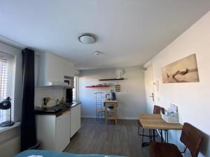 a living room with a kitchen and a dining table at De Meerval in Katwijk aan Zee