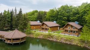 an aerial view of a log cabin on a river at Turist Suior Cota 1000 in Baia-Sprie