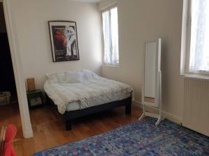 ein Schlafzimmer mit einem Bett, einem Teppich und einem Fenster in der Unterkunft Maison jardin porte de paris in Vitry-sur-Seine