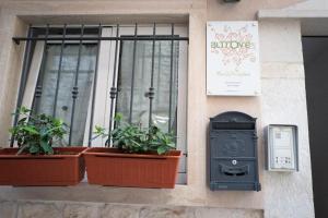 um edifício com dois vasos de plantas e uma janela em ALTROVE b&b em Acquaviva delle Fonti