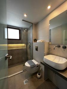 カラブリタにあるΜούσεςのバスルーム(トイレ、洗面台、シャワー付)