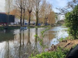 a river with a boat in the middle of it at Broadwalk8 in Coltishall