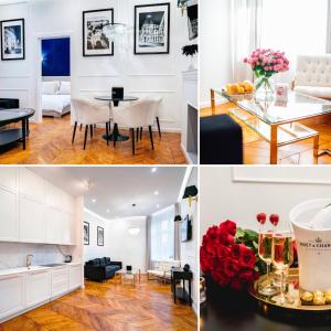 a collage of photos of a living room and dining room at APARTAMENTY ARTE LUBLIN Niecała 11 parking free in Lublin