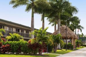 ein Gebäude mit Palmen davor in der Unterkunft Ramada by Wyndham Sarasota Waterfront in Sarasota