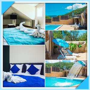 uma colagem de fotos de um quarto de hotel com uma cama e uma piscina em Guesthouse The Rock em Sapareva Banya
