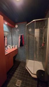 a bathroom with a shower and a sink at Villa SinettäStar-- Traditional Lapland Chalet in Rovaniemi +19 photos