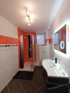 a bathroom with a shower and a sink at Haus Sonnenkur in Heusweiler