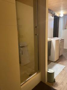 a glass door of a bathroom with a sink and refrigerator at Appartement 5 personnes-1 chambre- Longefoy-Montalbert - La plagne in Aime-La Plagne +20 photos