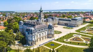 an aerial view of a building in a city at Ciao Lilla Apartman in Keszthely