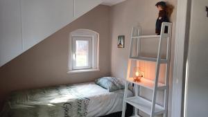 een kleine slaapkamer met een bed en een ladder bij Haus Stefanie Elvire in Kurort Altenberg