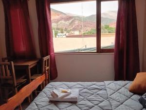 sypialnia z łóżkiem i dużym oknem w obiekcie Hotel Cactus Plaza w mieście Purmamarca