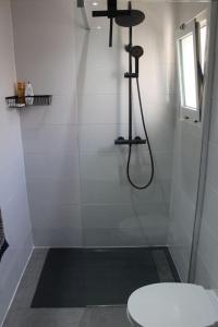 een badkamer met een douche, een toilet en een raam bij Pachi Beach Alisios Playa Corralejo in Corralejo
