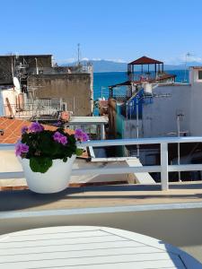 a pot of flowers on a balcony with a ship at The Sorabellas in Gaeta