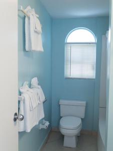 La salle de bains bleue est pourvue de toilettes et d'une fenêtre. dans l'établissement Paradise Island Beach Club Ocean View Villas, à Creek Village