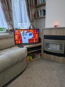 a living room with a tv and a fireplace at The Ocean Pearl caravan number 50 situated on the Cove holiday park in Southwell