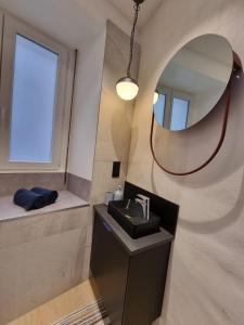 La salle de bains est pourvue d'un lavabo et d'un miroir. dans l'établissement Les appartements Hyper centre, à Strasbourg