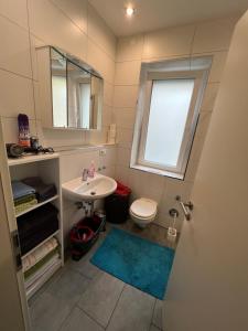 a bathroom with a sink and a toilet and a window at Zentral gelegene Wohnung in Nuremberg