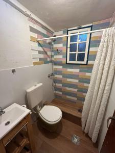 a bathroom with a toilet and a sink and a window at Alaska Patagonia Hostel in San Carlos de Bariloche