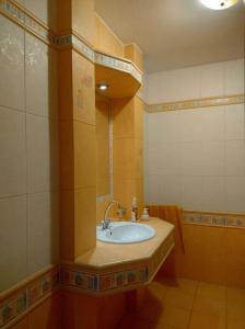 een badkamer met een wastafel en een spiegel bij Bungalow 
