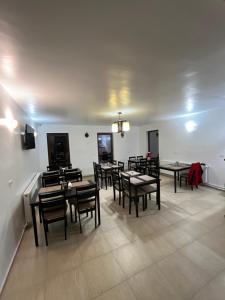 a group of tables and chairs in a room at Pensiunea Sarah - Muntele Mic in Muntele Mic