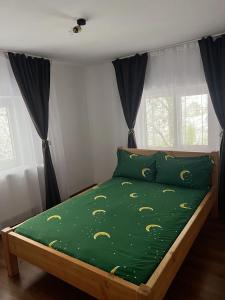 a bedroom with a bed with a green comforter at Cabana Muntelui in Munteni