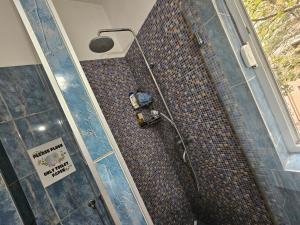 a bathroom with a shower with a tiled wall at The Traveling Theater in Belgrade