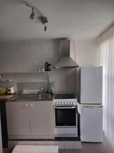 a small kitchen with a stove and a refrigerator at Meerdaal Vakantie Studio in Haasrode