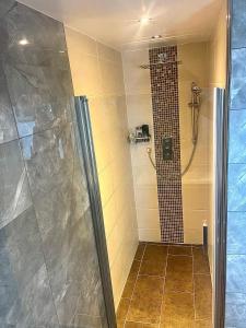 baño con ducha y puerta de cristal en Ruhige Unterkunft en Fürth