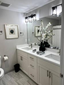 ein Badezimmer mit einem Waschbecken, einem WC und einem Spiegel in der Unterkunft Your Magnificent Riverfront Home in Woodland