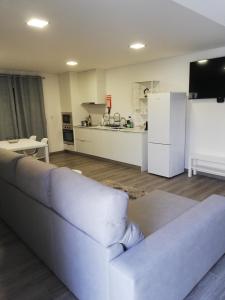 a living room with a couch and a kitchen at CasaMaeDouro in Peso da Régua