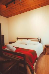 1 dormitorio con 1 cama grande y techo de madera en Villa Dal Maso, en Campos do Jordão